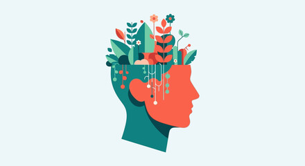 Human Head Profile with Growing Plants and Flowers Representing Mental Health and Growth.