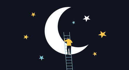 Man climbing ladder to the moon in a starry night sky, symbolizing ambition and dreams.