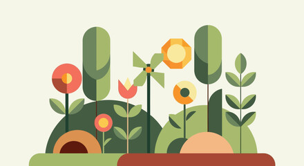 Minimalist Garden Scene with Stylized Plants and Flowers.