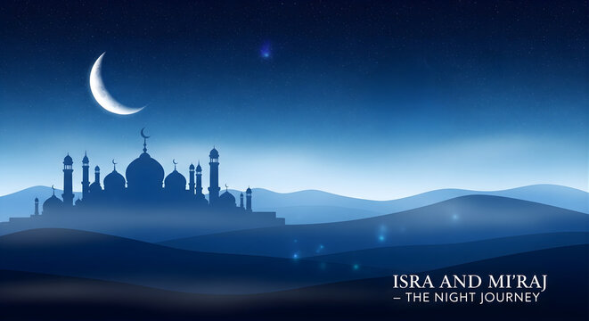 Isra and mi'raj night journey illustration featuring mosque silhouette against blue night sky with crescent moon stars symbolizing spiritual event for muslims