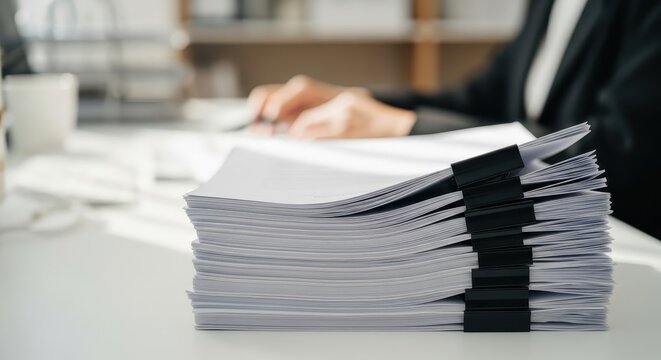 Close-up of a large stack of documents with binder clips on an office desk with a professional accountant working in the background