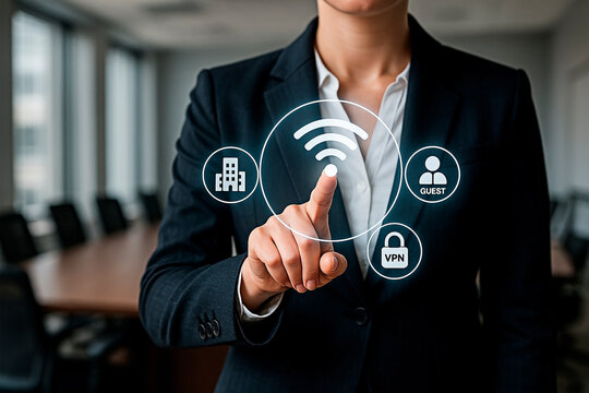 Businesswoman touching a wifi icon to present the concept of networking and technology. - Powered by Adobe