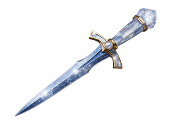 A  stylized,  illuminated  dagger  with  a  crystal  handle  and  gold  details  rests  on  a  black  background.