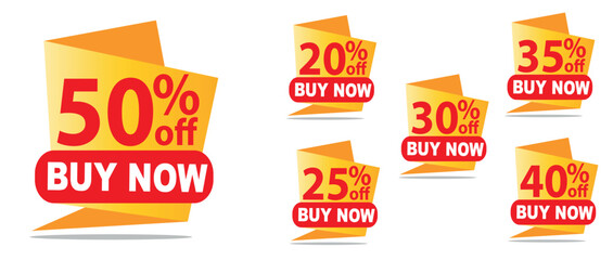 Discount Tags Vector Set, Popup Sale Banner, 50, 35, 30, 25, 40, 20 Off, Buy Now Orange Yellow EPS Design