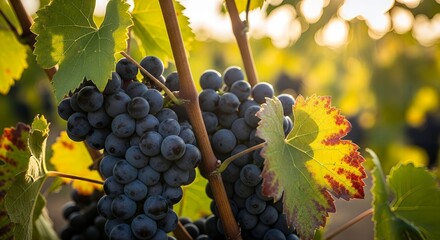 Closeup of ripe grapes on the vine in a vineyard