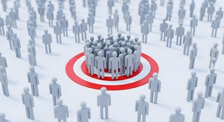 A group of stylized figures stands in the center of a red and white target, surrounded by many other figures.