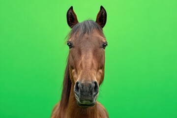 Obraz premium Cute Horse isolated on green color background. Funny pony snout looks on studio chroma key backdrop. Farm animals. Farming or agriculture. Domestic animals. with amusing face. Surprised expression.