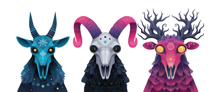 Colorful stylized animal skulls representing various mythical creatures in a vibrant design