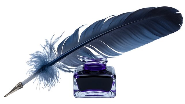 Traditional feather quill pen and inkwell with vibrant purple ink.