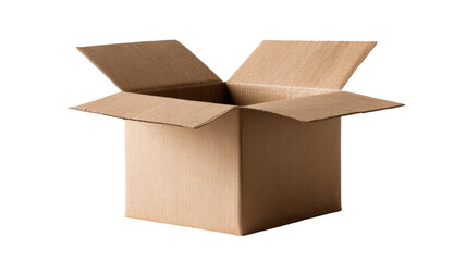 Title: Open Square Brown Cardboard Box Standing on White Background