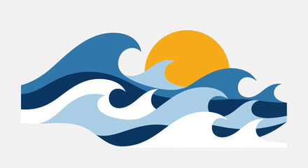 Stylized Ocean Waves and Sun Illustration.