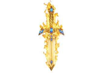 A majestic, golden sword, ablaze with fiery flames and adorned with sparkling blue gems, stands against a stark black background.