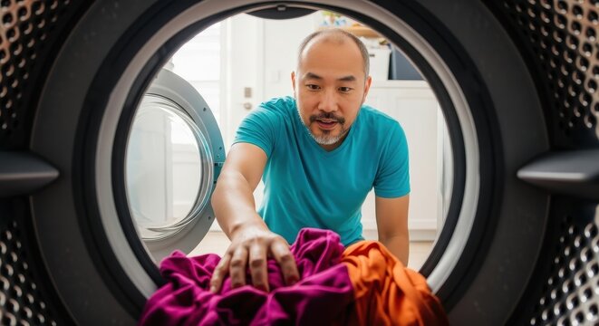 Unique perspective from inside a front-loading washing machine looking out at a mature Asian man loading colorful laundry