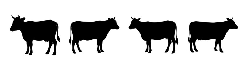 Black silhouette of four cows standing in a row cattle livestock farm animals graphic art vector illustration