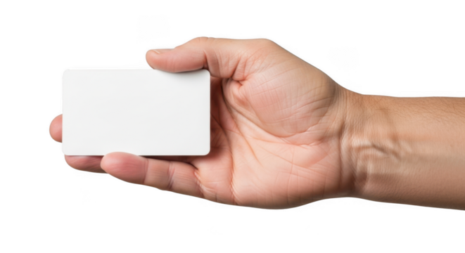 Hand holding card isolated on transparent background