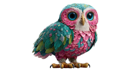 Title: A cute owl with pink body green wings big blue eyes and yellow beak isolated on white background