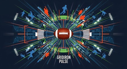 A dynamic and abstract illustration of American football with player silhouettes, stadium lights, and energetic lines radiating from a central football.