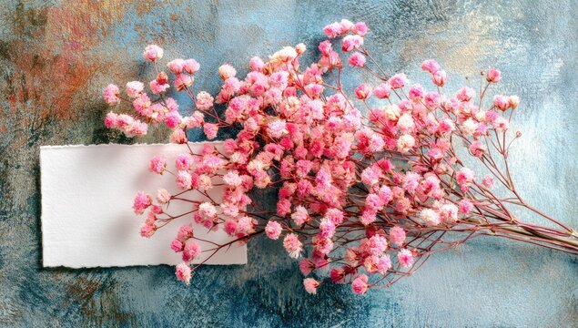 Delicate pink flowers rest on a textured background beside a blank card.