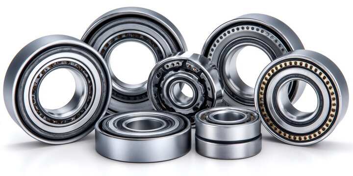 Various metal ball bearings on white background