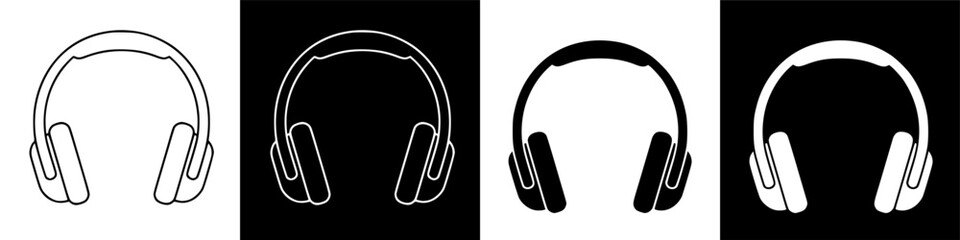 Fototapeta premium Four variations of headphones, showcasing different color schemes and outlines, arranged in a row.