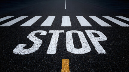 A close-up shot of the word STOP painted on asphalt, with a pedestrian crosswalk in view