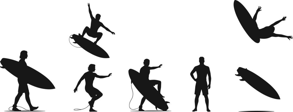 Surfer silhouettes with surfboards, dynamic surfing poses vector illustration, summer ocean sport artwork, beach lifestyle design, extreme water activity elements, black silhouette style