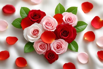 Roses and petals forming a heart shape for love