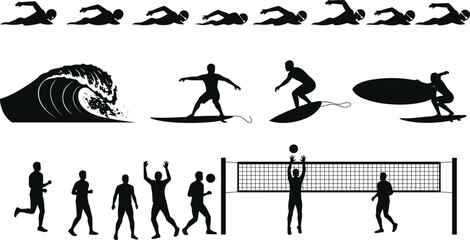 Swimming, surfing, running, and volleyball silhouettes vector illustration showing dynamic