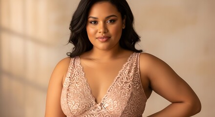 woman fashion, Portrait of beautiful confident plus size woman with dark hair a