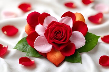 Rose petals forming heart shape on white fabric