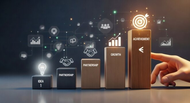 Business growth process concept with wooden blocks representing idea generation, partnership, growth, and achievement — hand reaching the target of success