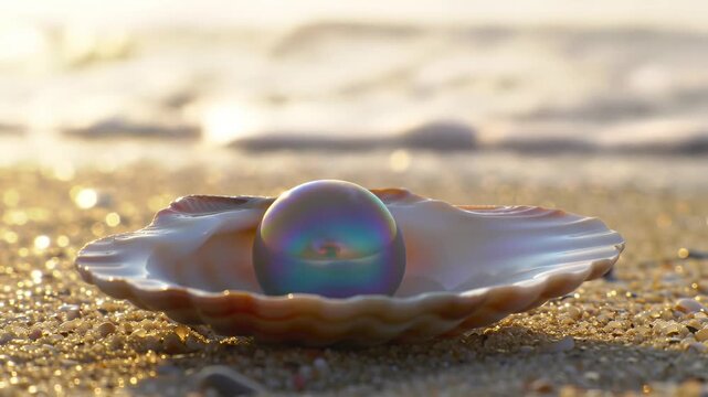 Iridescent pearl nestled inside a seashell on a sandy beach with a blurred ocean background