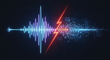 Abstract digital visualization of a sound wave transforming into data particles, split by a red lightning bolt, on a dark background.