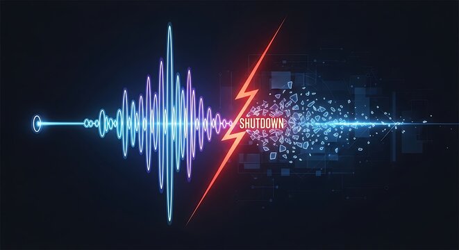 Abstract digital visualization of a sound wave transforming into data particles, split by a red lightning bolt, on a dark background.
