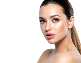 A portrait of a woman with a clean complexion, her hair pulled back into a ponytail, looking towards the camera