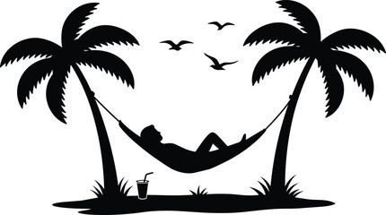 Tropical hammock silhouette, palm tree vector illustration, summer vacation relaxation design, outdoor leisure icons, holiday resort furniture, beach paradise elements, black and white © MdShahin