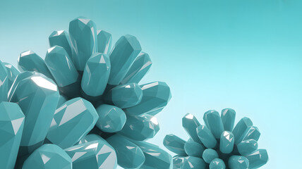 Abstract Low Poly Crystals in Turquoise: Modern 3D Rendering with Geometric Shapes and Soft Lighting for Backgrounds and Design Elements