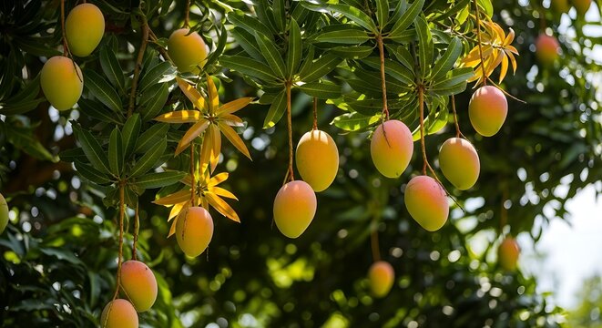 Mango tree with ripe fruits hanging from branches