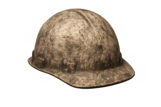 Dirty hard hat representing worker safety, construction, and durable personal protective equipment for challenging jobs