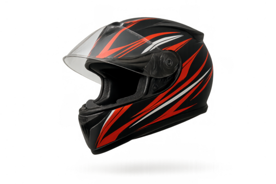 Black and red full-face motorcycle helmet providing head protection for motorsport and road safety on transparent background