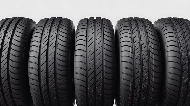 Five new black car tires, displaying tread patterns on white
