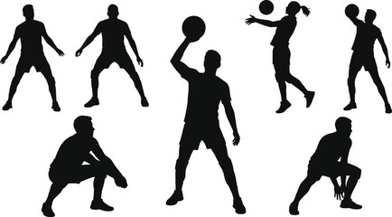 Volleyball player silhouettes in dynamic action poses, jumping, blocking, serving, receiving,