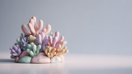 Pastel Coral Reef Arrangement: Soft Colors, Minimalist Style, Marine Life Concept, Decorative Element on White Surface with Copy Space