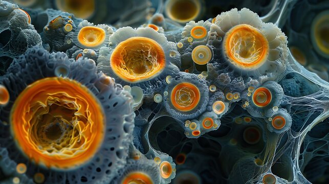 Microscopic view of cells with orange centers and textured gray surroundings