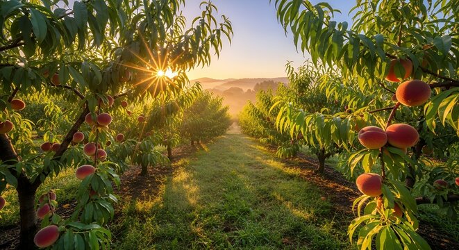 Peach orchard at sunrise with sun rays shining through