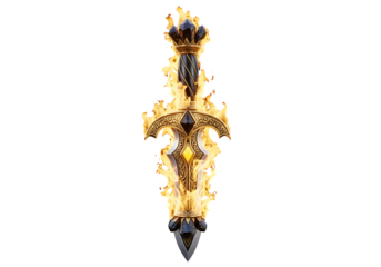 A golden, ornate dagger engulfed in flames against a stark black background.