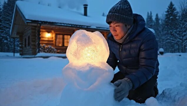 winter solstice man builds glowing snowman lantern during evening