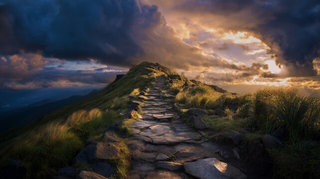 Rocky path on sunlit hill at sunset. AI image