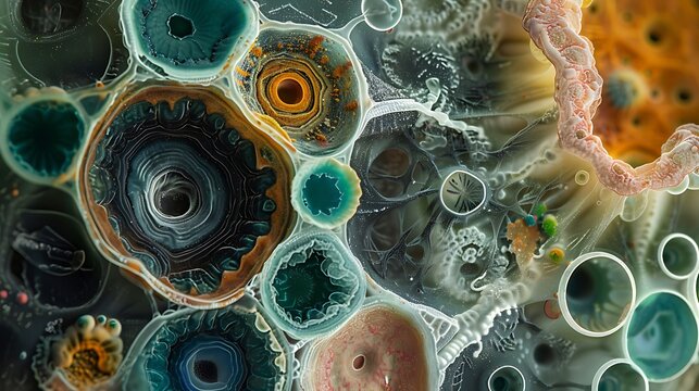 A close up view of cells and organic structures with colorful details shown well