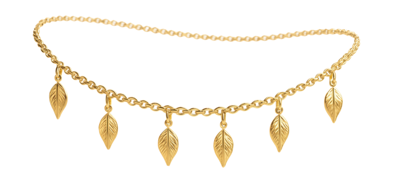Delicate gold belly chain featuring evenly spaced leaf charms.